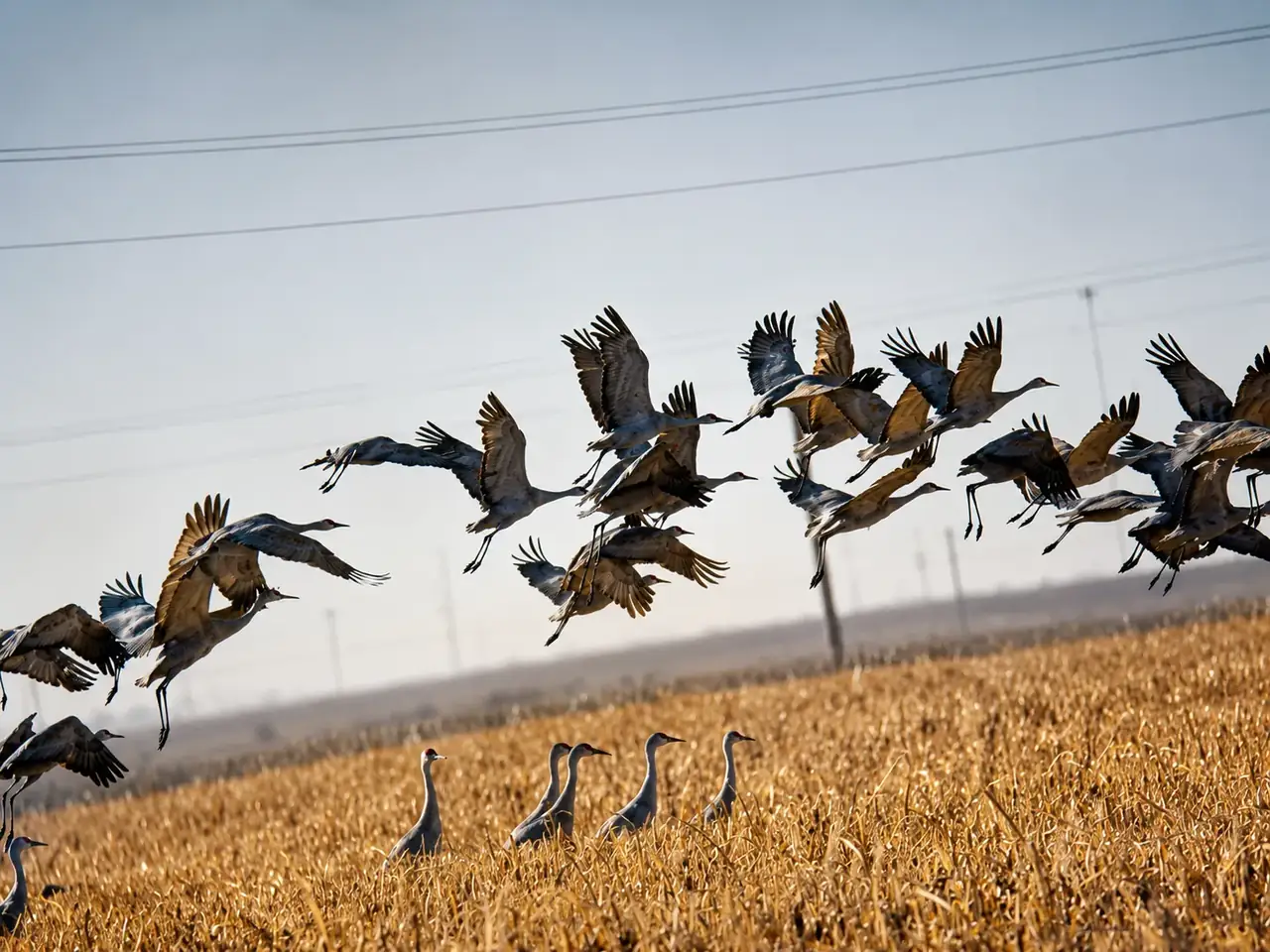 Sandhill cranes lifting off golden stubble at sunrise